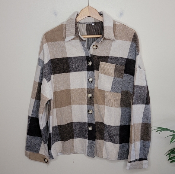Brown Tan Cream Plaid Button Front Shirt Jacket Shacket - Picture 1 of 4